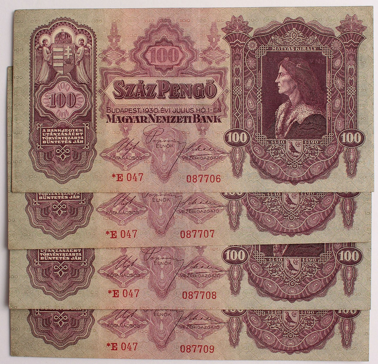 100 pengő 1930 csillagos 4db. sorszámkövető