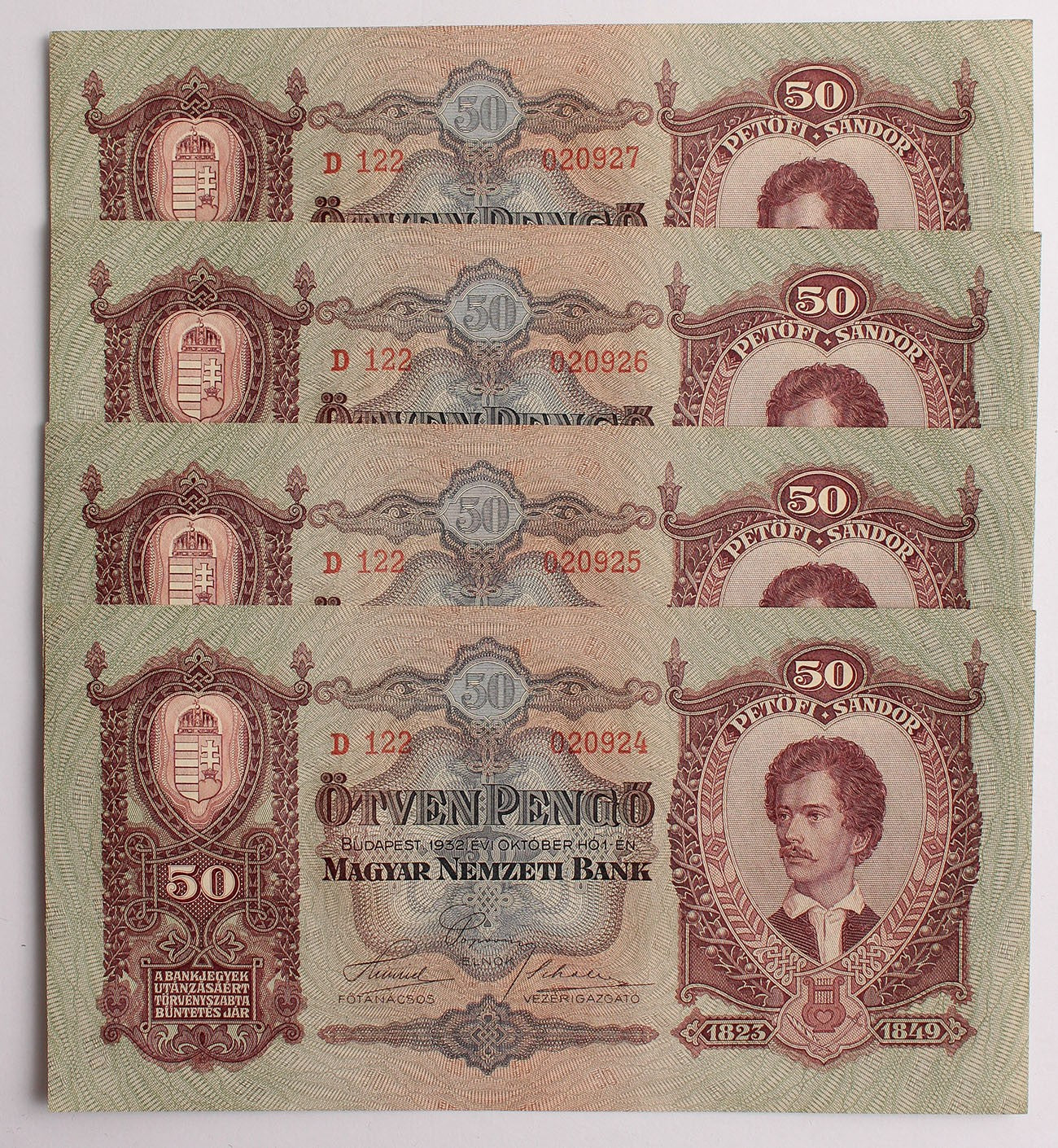 50 pengő 1932 4db. sorszámkövető