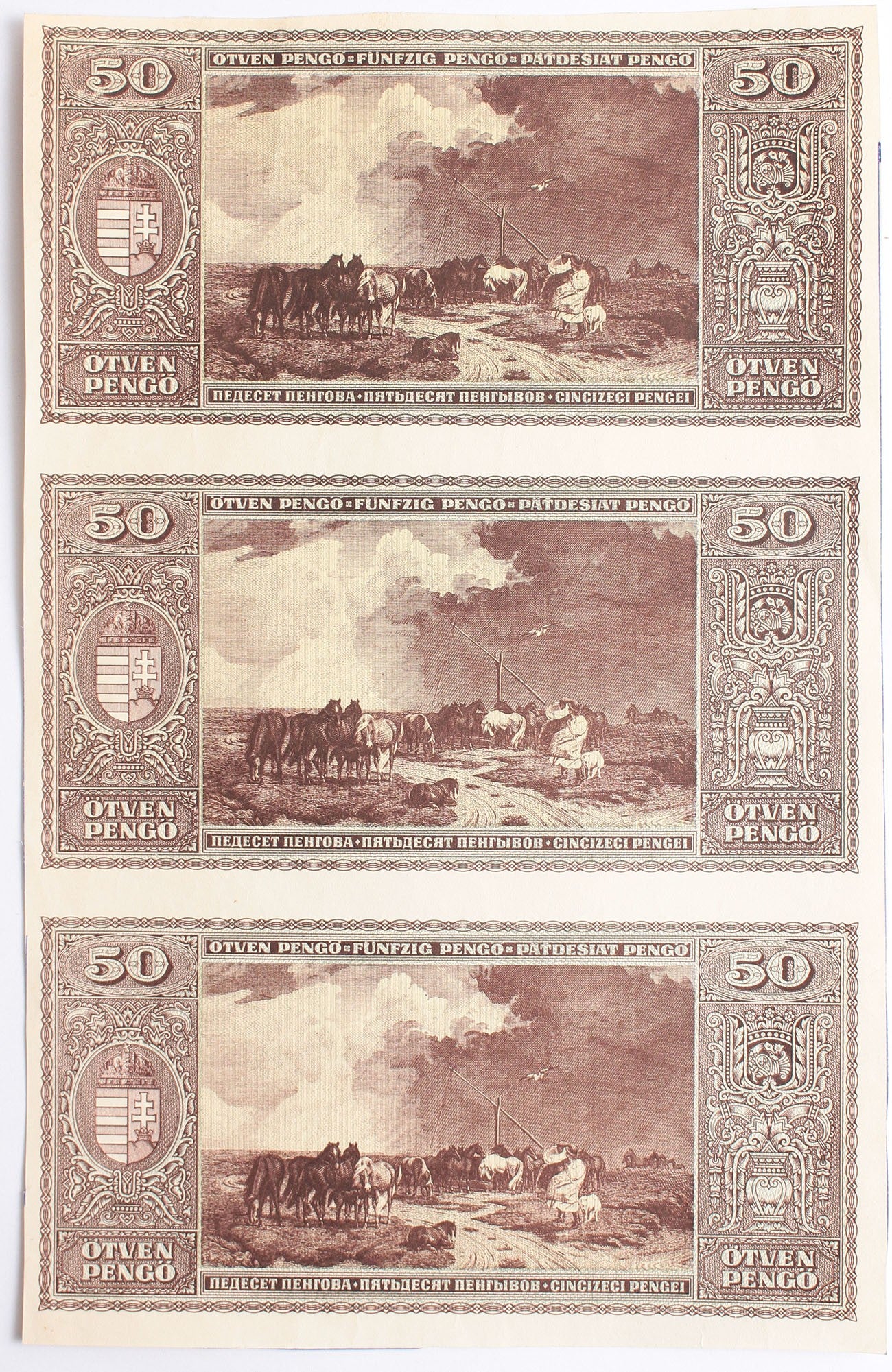 50 pengő 1945 3db hátlapi fázisnyomat ívben