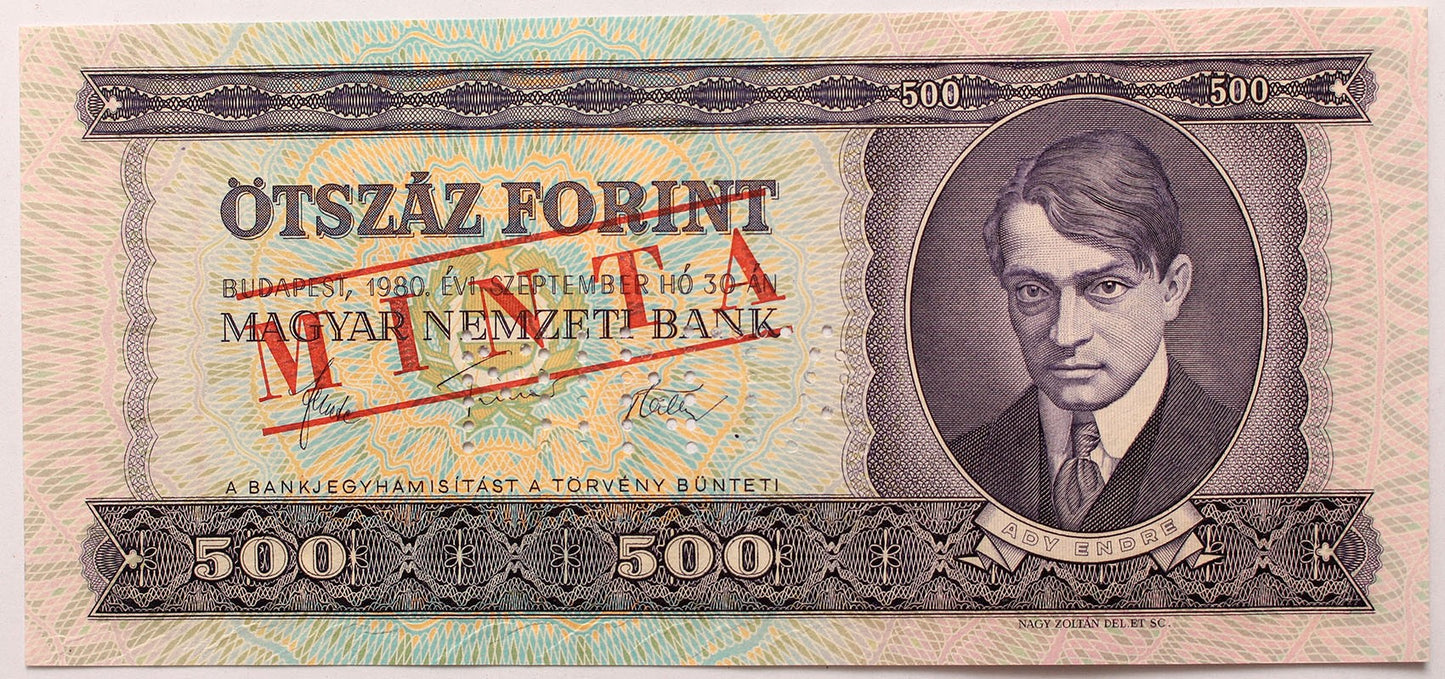 500 forint 1969 MINTA lyukasztás és felülnyomás