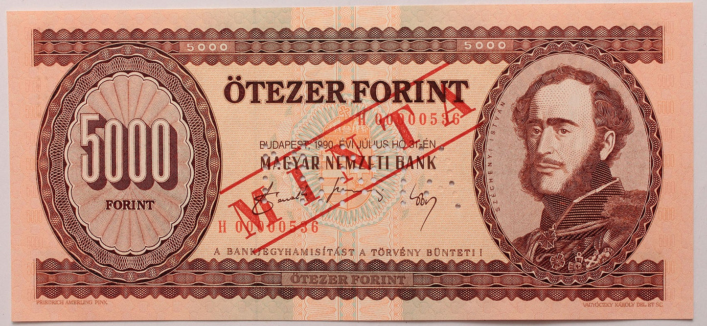 5000 forint 1990 H MINTA lyukasztás és felülnyomás