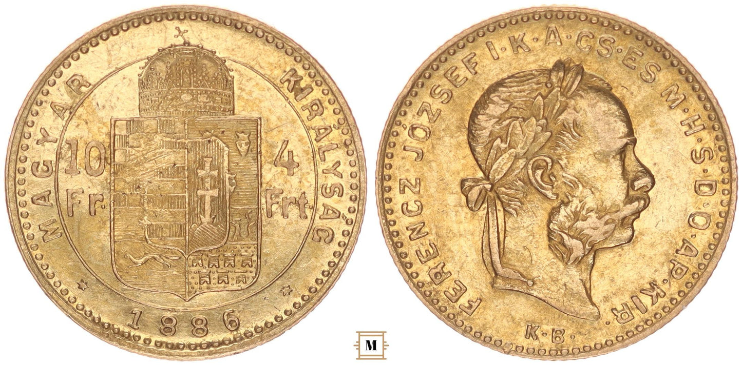 Ferenc József 10 frank 4 forint 1886 KB