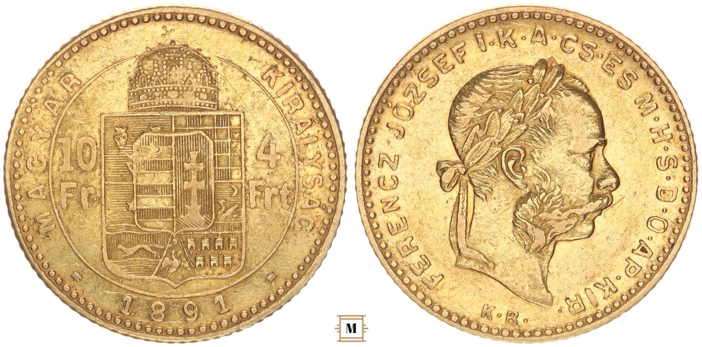 Ferenc József 10 frank 4 forint 1891 KB Fiume címer