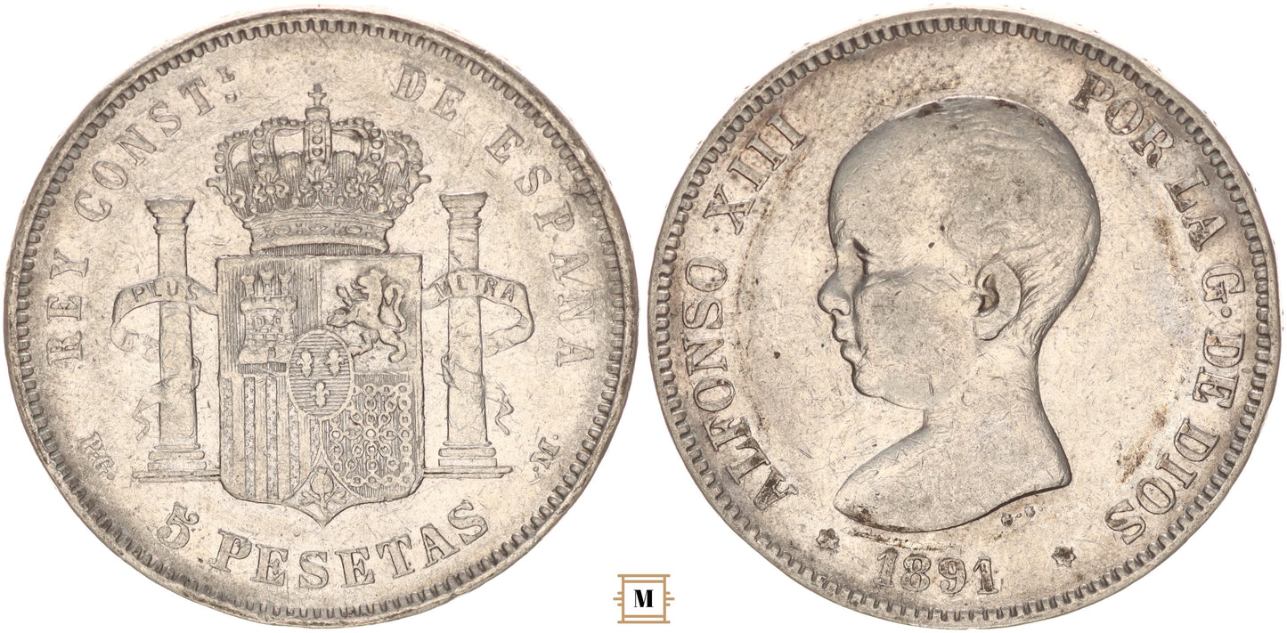 Spanyolország XIII. Alfonz 5 pesetas 1891 PGM