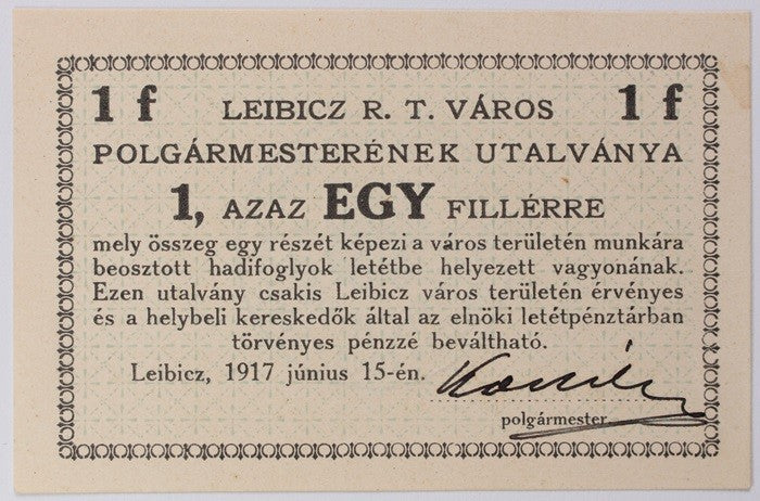 1 Fillér utalvány Leibicz 1917