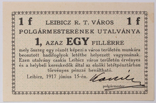 1 Fillér utalvány Leibicz 1917