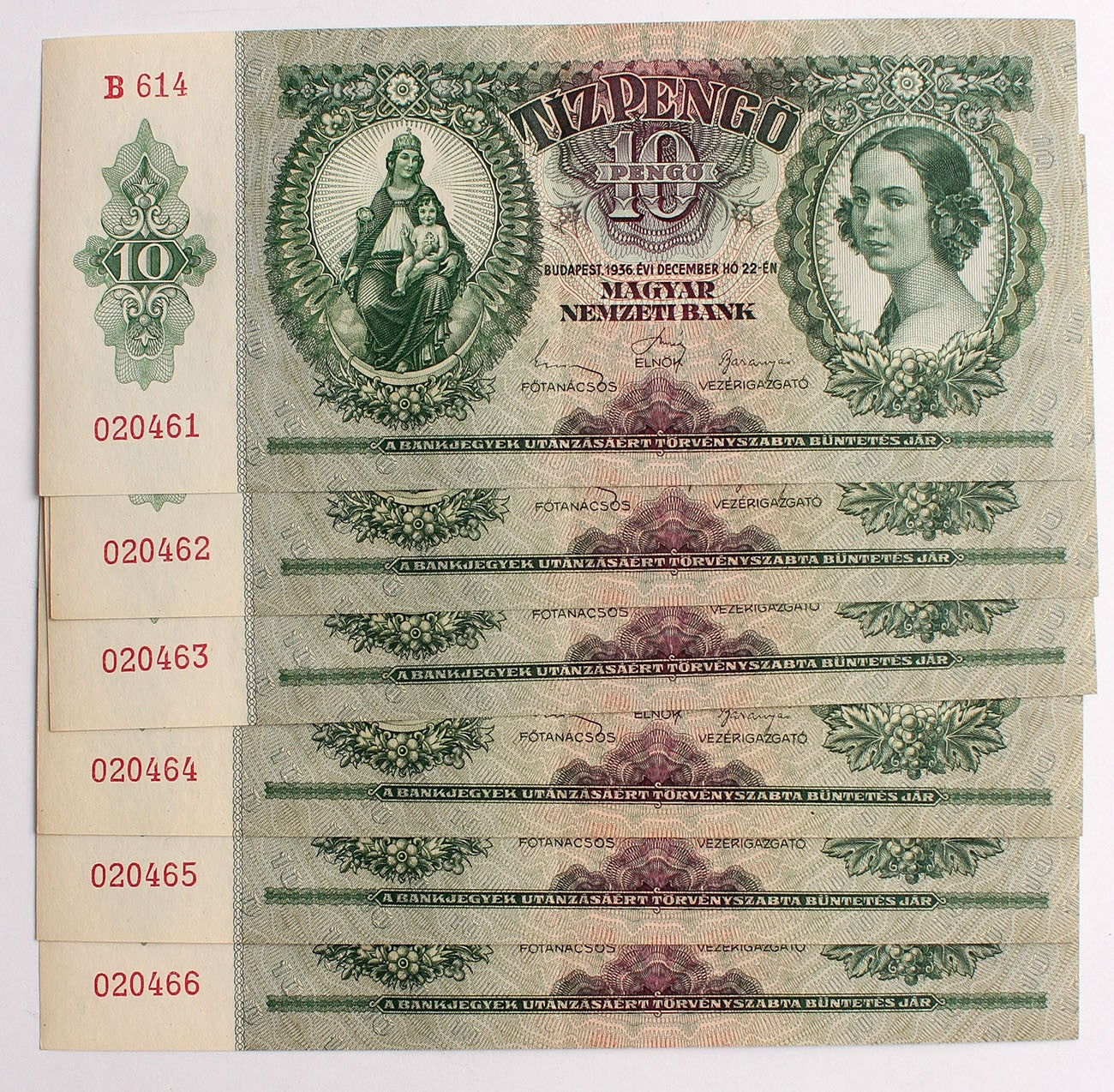 10 pengő 1936 6db. sorszámkövető