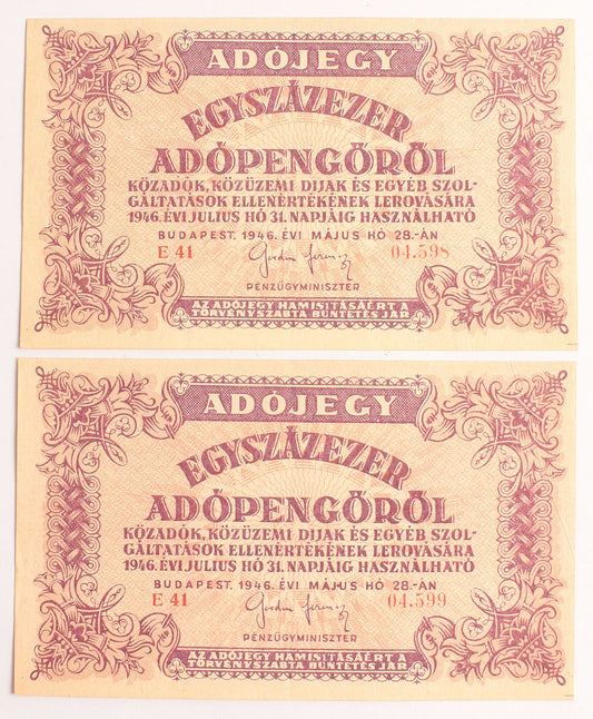 100 000 adópengő 1946 2db sorszámkövető