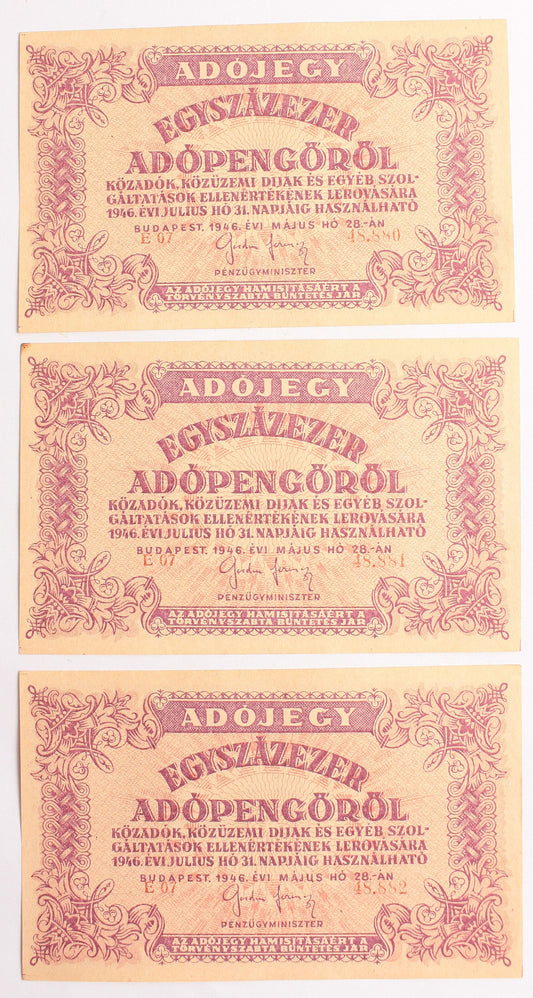 100 000 adópengő 1946 3db sorszámkövető