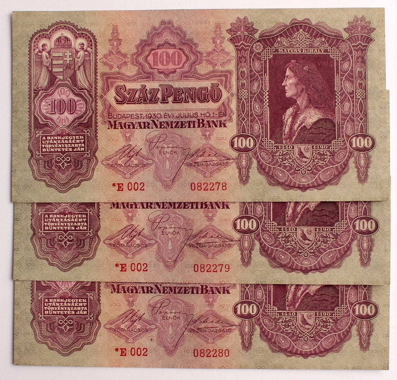 100 pengő 1930 csillagos 3db. sorszámkövető