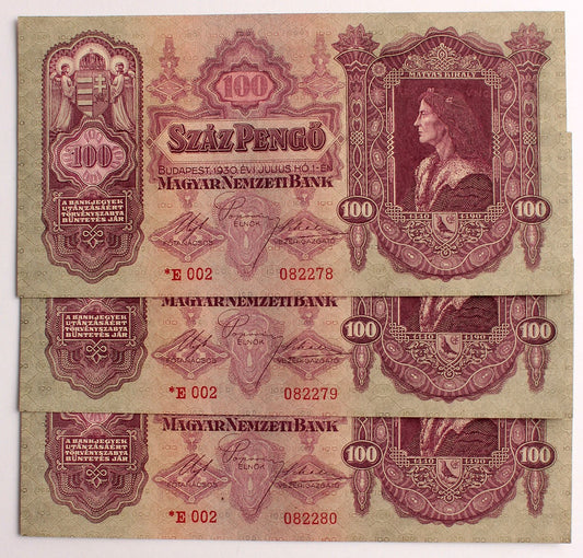 100 pengő 1930 csillagos 3db. sorszámkövető