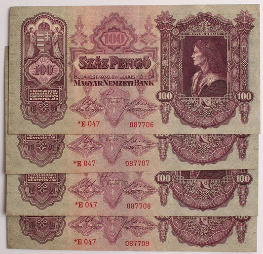 100 pengő 1930 csillagos 4db. sorszámkövető