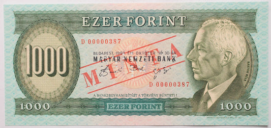 1000 forint 1993 D minta lyukasztás és felülnyomás