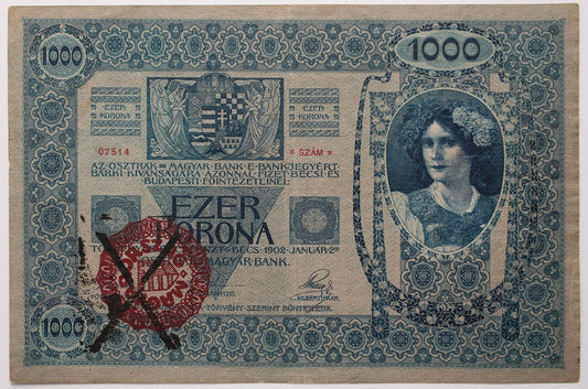 1000 korona 1902 Magyarország FB. érvénytelenített