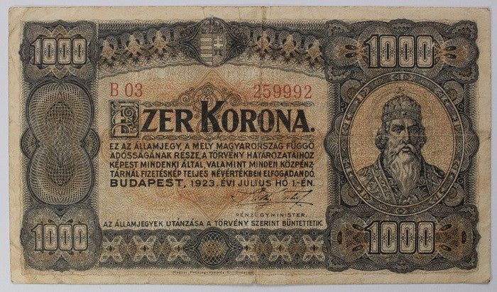 1000 Korona 1923 Magyar Pénzjegynyomda Rt.