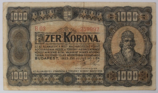 1000 Korona 1923 Magyar Pénzjegynyomda Rt.