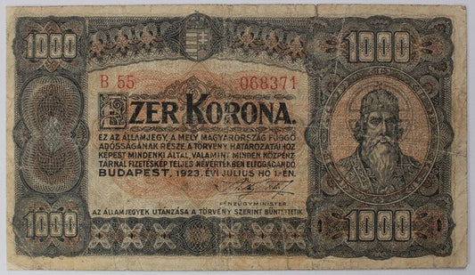 1000 Korona 1923 , Nyomdahely megjelölése nélkül