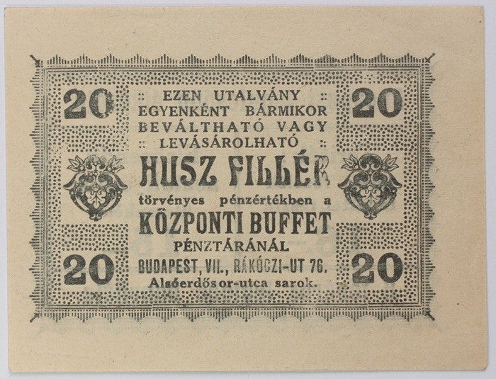 20 Fillér szükségpénz Központi Buffet