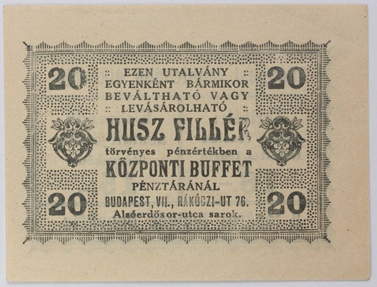 20 Fillér szükségpénz Központi Buffet