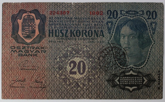 20 Korona 1913 II. Kiadás ,Ismeretlen felülbélyegzés