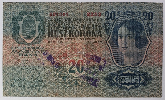 20 Korona 1913 Ismeretlen felülbélyegzés