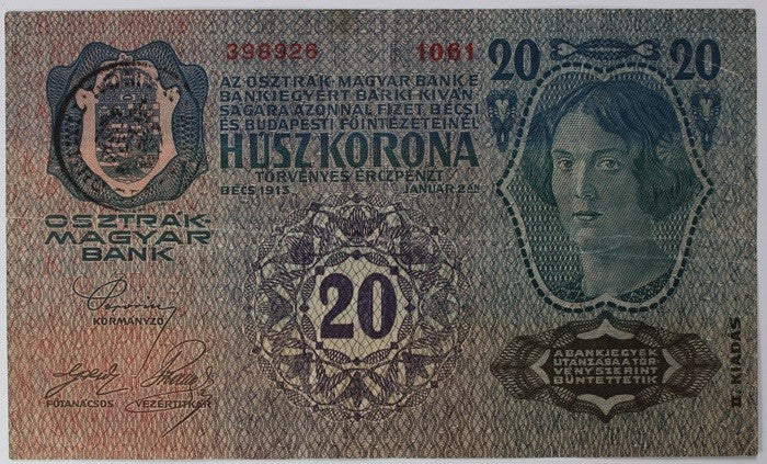 20 Korona 1913 Románia felülbélyegzés