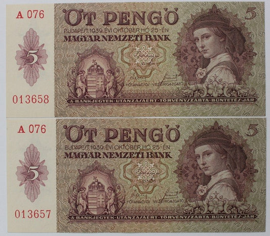 5 Pengő 1939 sorszámkövető 2 db.