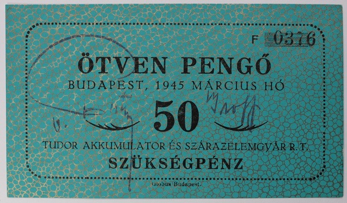 50 Pengő szükségpénz Tudor Akkumulator és Szárazelemgyár RT.