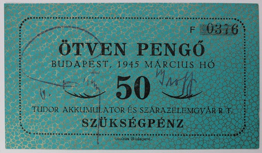 50 Pengő szükségpénz Tudor Akkumulator és Szárazelemgyár RT.