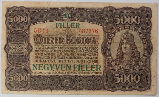 5000 Korona 1923 , 40 Fillér felülbélyegzés