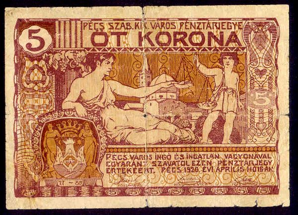 Pécs Pénztárjegy 1920 5 Korona