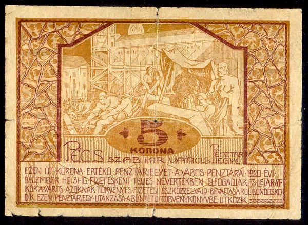 Pécs Pénztárjegy 1920 5 Korona