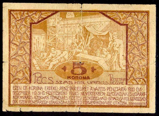 Pécs Pénztárjegy 1920 5 Korona