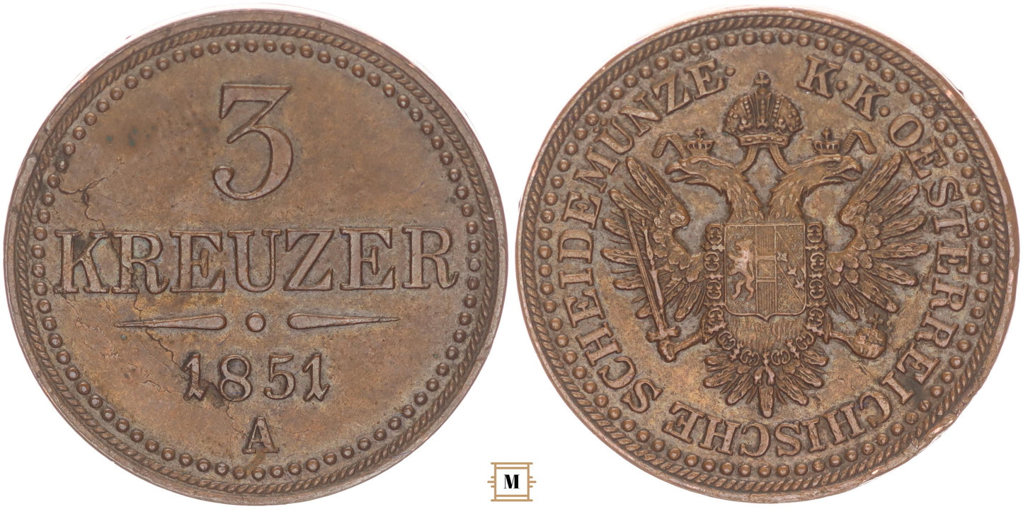 Ferenc József 3 krajcár 1851 A csavaros