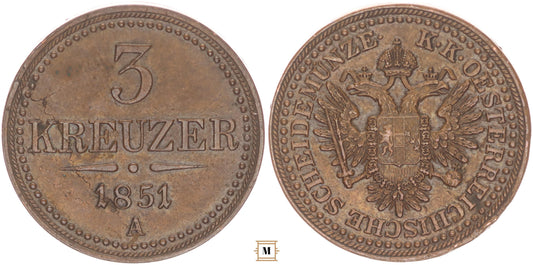 Ferenc József 3 krajcár 1851 A csavaros