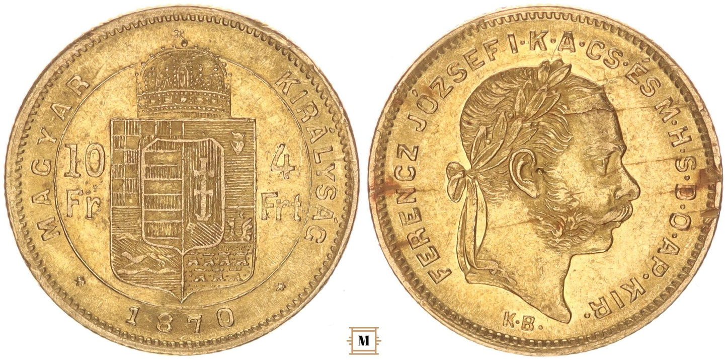 Ferenc József 10 frank 4 forint 1870 KB