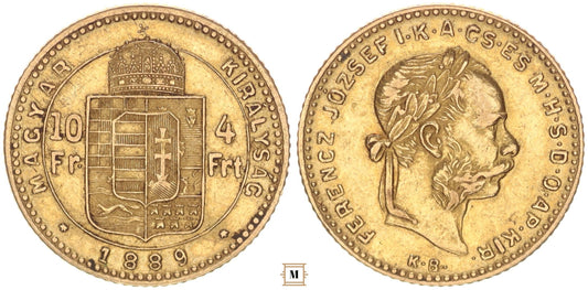Ferenc József 10 frank 4 forint 1889 KB