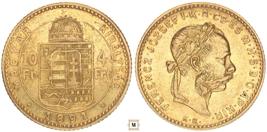 Ferenc József 10 frank 4 forint 1891 KB Fiume címer