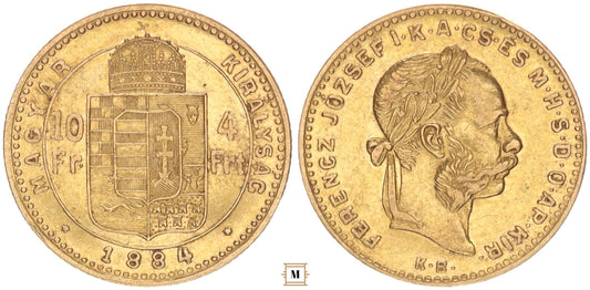 Ferenc József 10 frank 4 forint 1884 KB