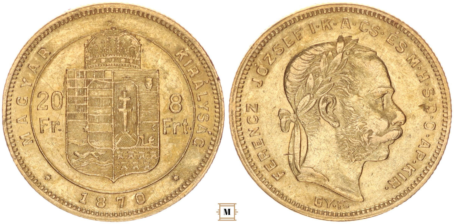 Ferenc József 20 frank 8 forint 1870 Gy.F.