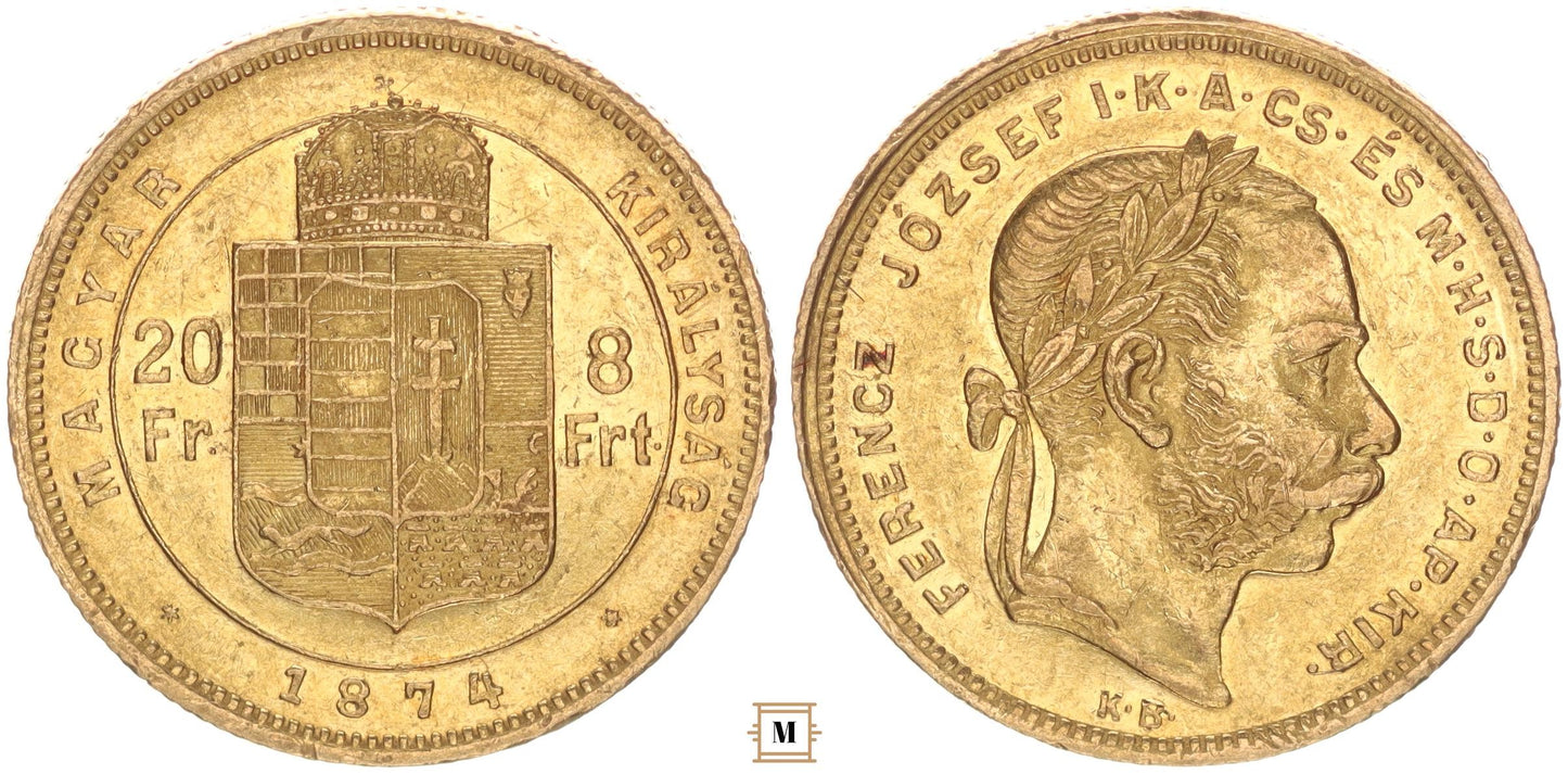 Ferenc József 20 frank 8 forint 1874 KB