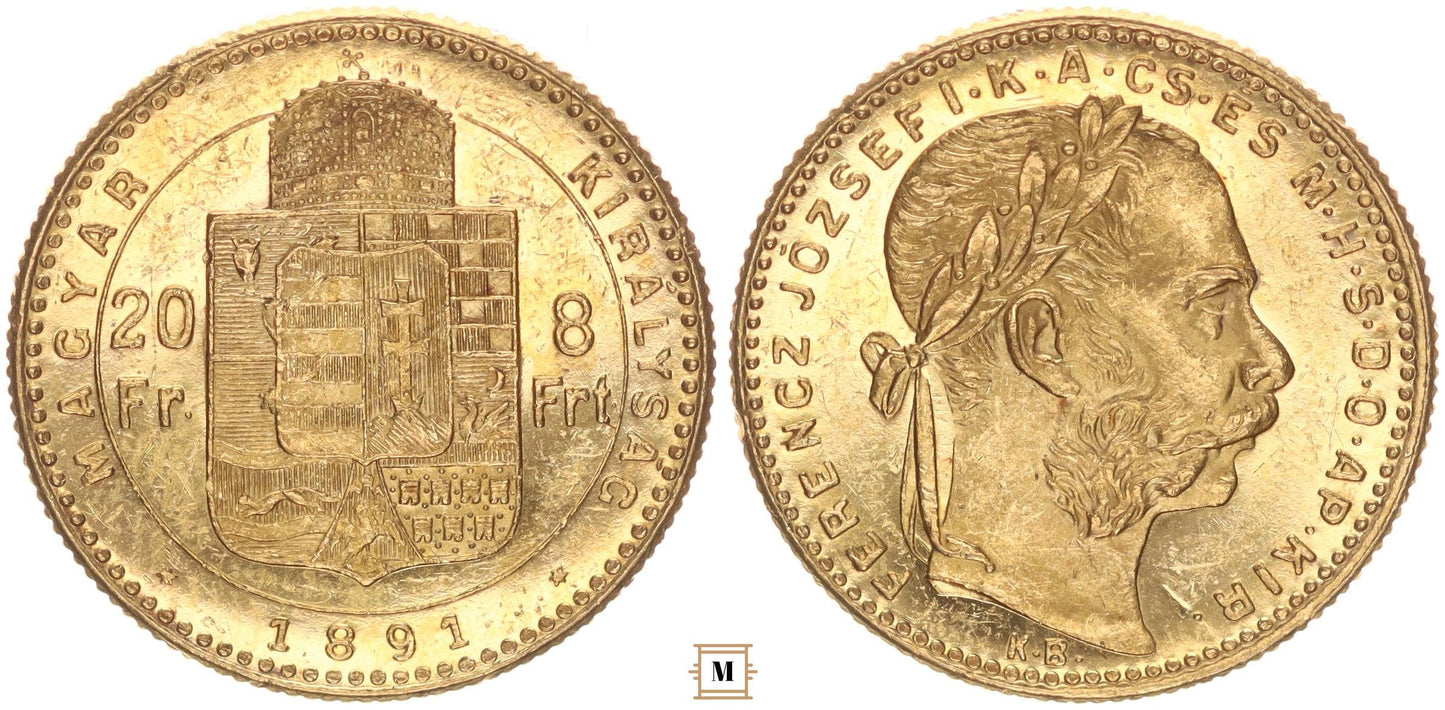 Ferenc József 20 frank 8 forint 1891 KB Fiume címer