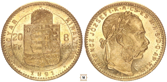 Ferenc József 20 frank 8 forint 1891 KB Fiume címer
