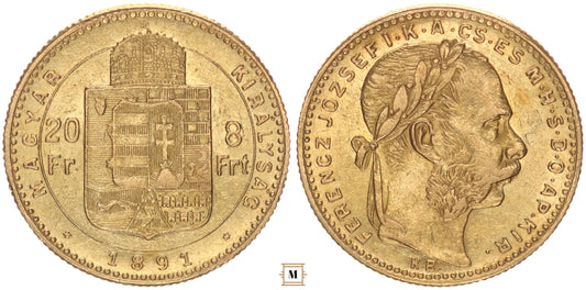 Ferenc József 20 frank 8 forint 1891 KB Fiume