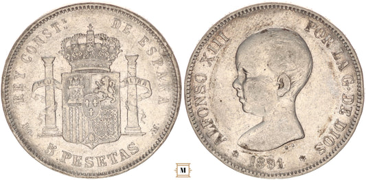Spanyolország XIII. Alfonz 5 pesetas 1891 PGM