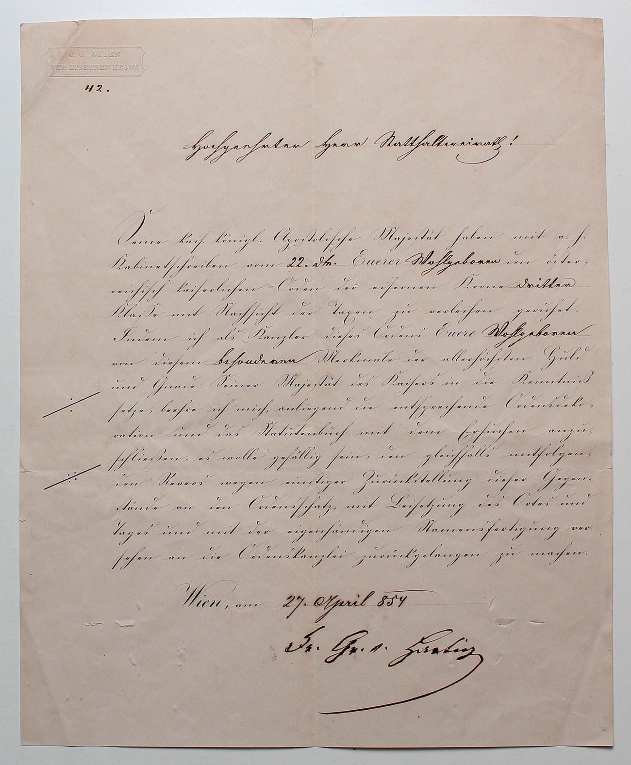 Vaskorona rend III.osztályának adományozásáról értesítő 1854