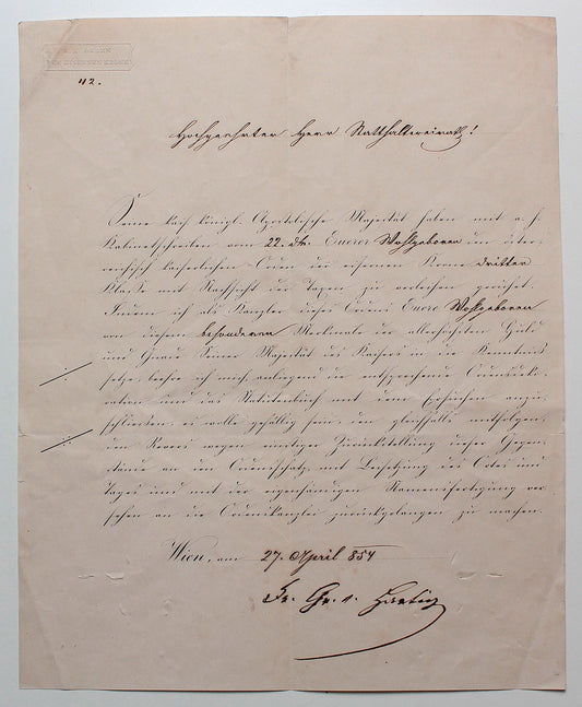 Vaskorona rend III.osztályának adományozásáról értesítő 1854
